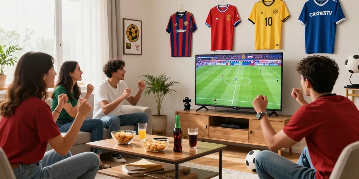 CakhiaTV live football match viewing party with friends, snacks, jerseys.