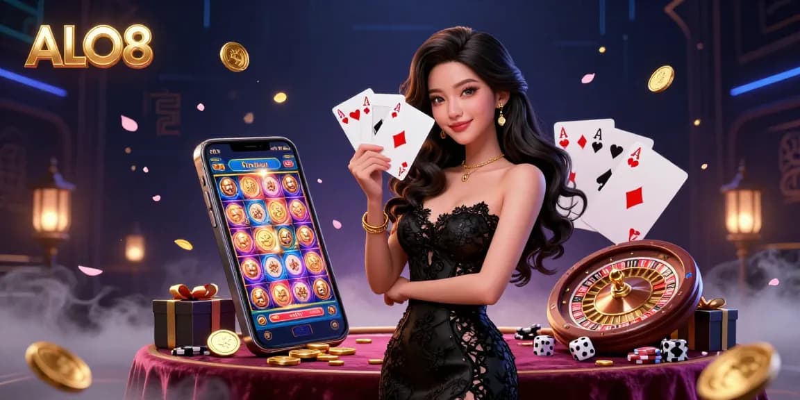 Experience the excitement of ALO8 casino with a glamorous woman holding playing cards, surrounded by vibrant game elements and golden coins.