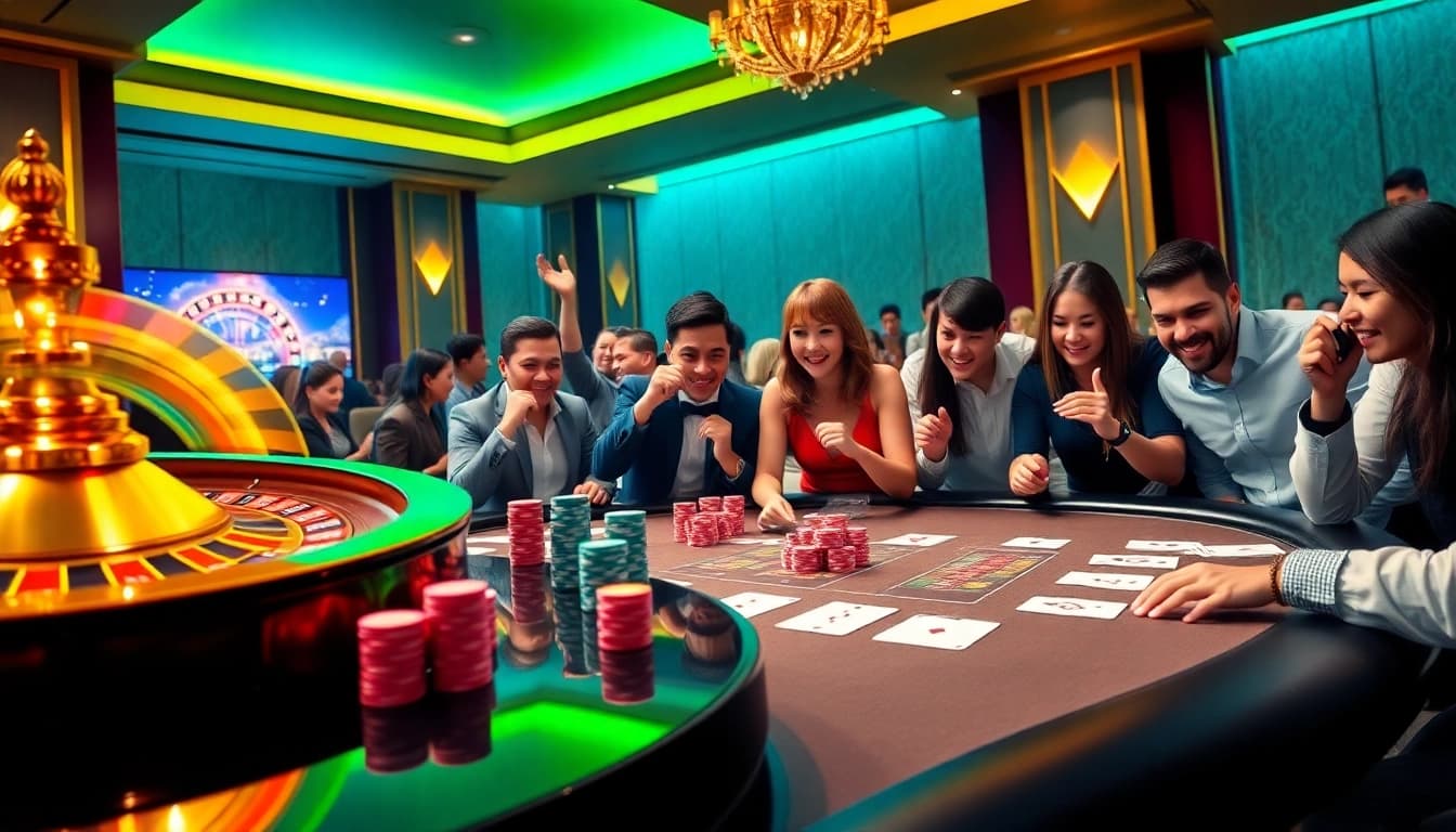 E2BET players celebrating wins at a vibrant online casino table, showcasing excitement.