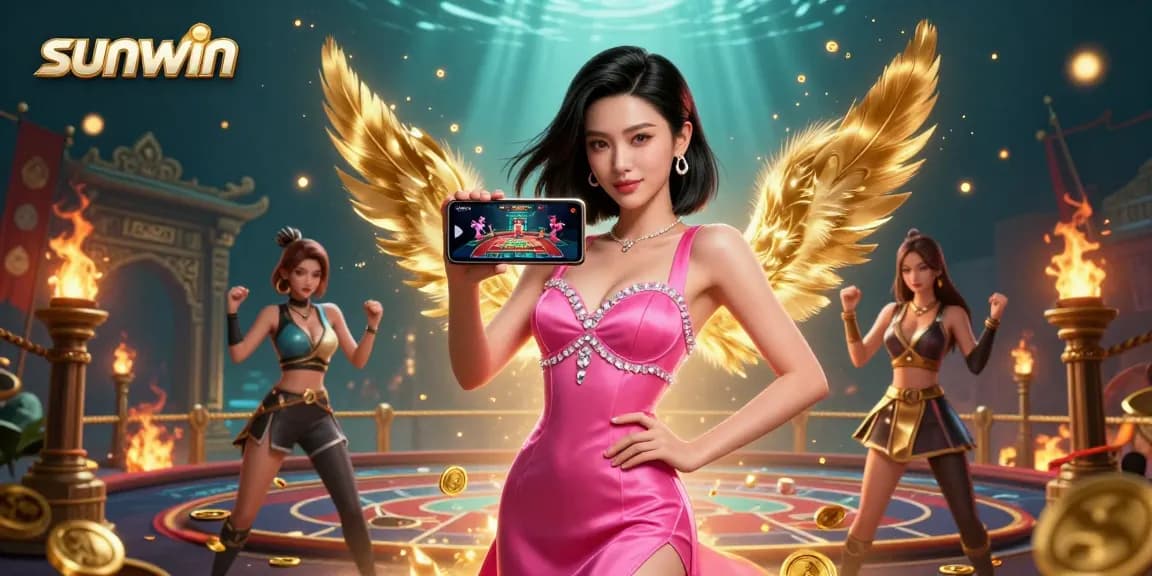 Experience thrilling gameplay with sunwin as a confident woman showcases a live dealer casino game.