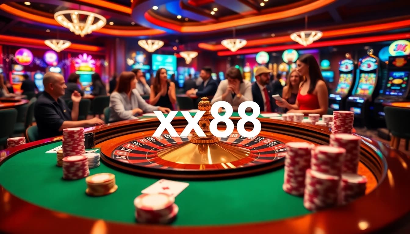 x88 casino scene showcasing vibrant roulette, poker chips, and lively slot machines illustrating excitement