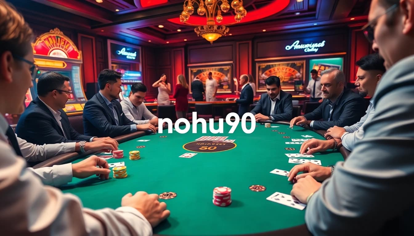 Engaged players at nohu90 enjoying a thrilling poker game in a luxurious casino setting.