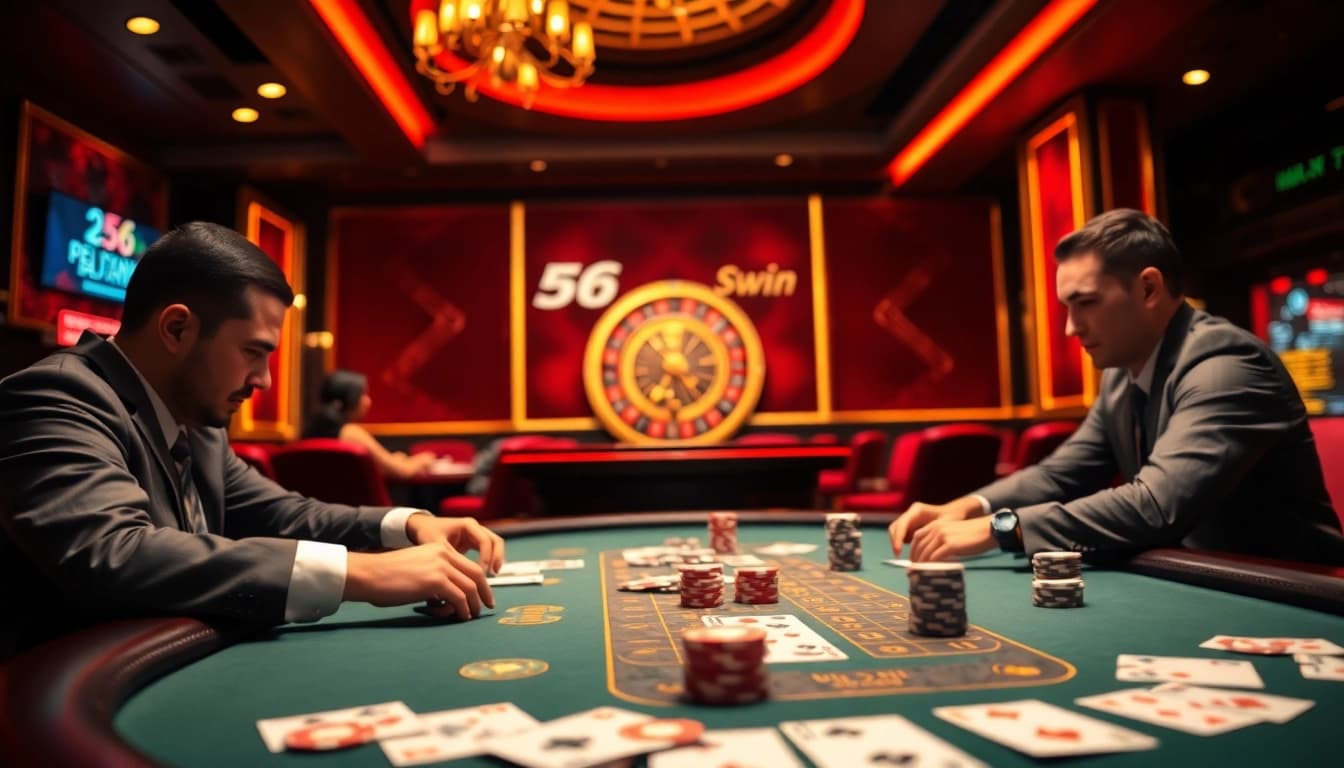 Exciting poker game scene at a luxury casino representing 56win's thrill and strategy.
