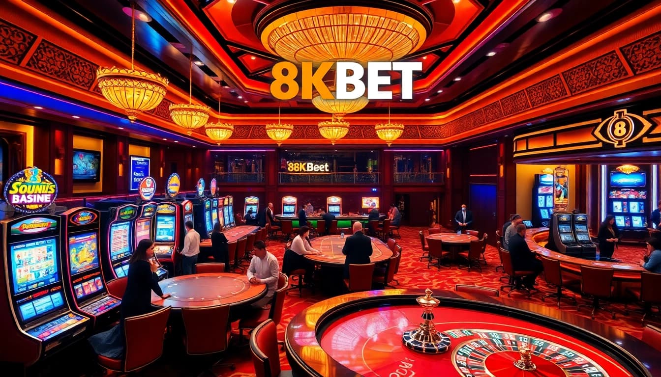 Experience exciting gaming action at 8KBET's modern casino with vibrant slot machines and roulette.