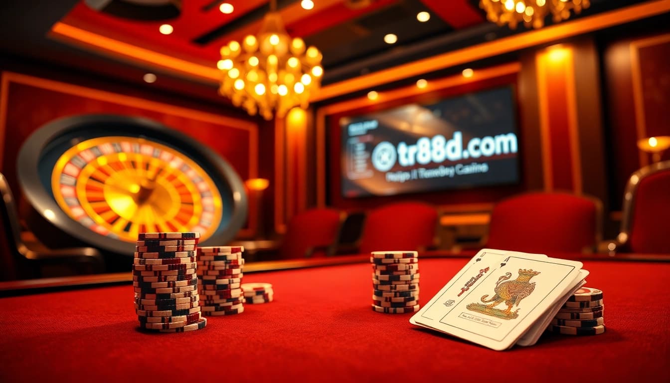 Engaging scene of a poker table at https://tr88bet.it.com/ showing vibrant gambling elements like chips and cards.