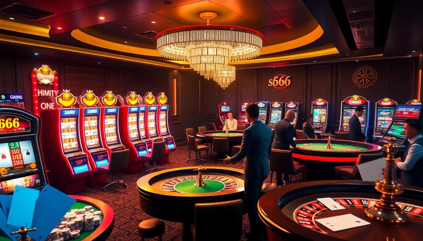 S666 players enjoying a vibrant online casino atmosphere with slot machines and poker tables