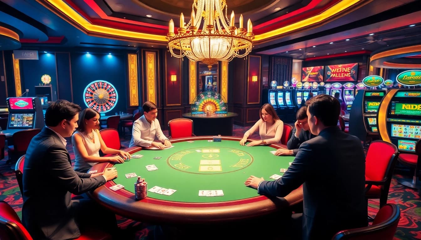 KJCgaming.com players enjoying an intense poker game at a vibrant casino table.