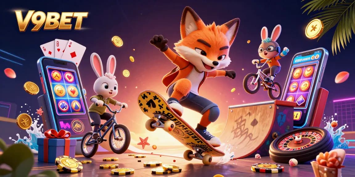Engage in thrilling casino action with V9BET as a fox skater flips over golden poker chips in a vibrant scene.