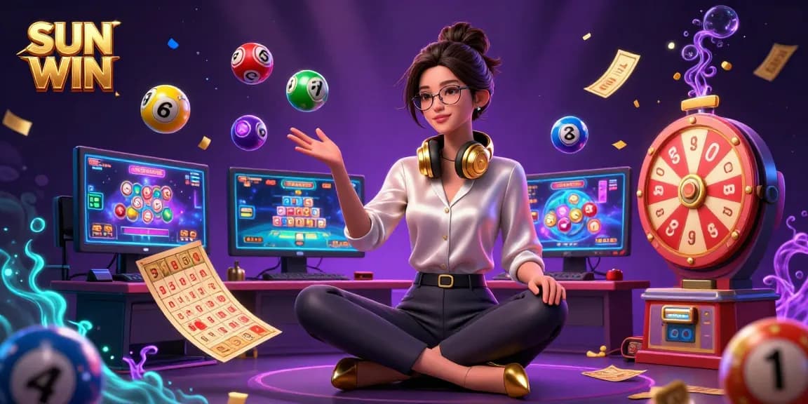 SUN WIN showcases an elegant Asian woman at a high-tech casino gaming setup, illuminated with vibrant colors and dynamic lottery elements.