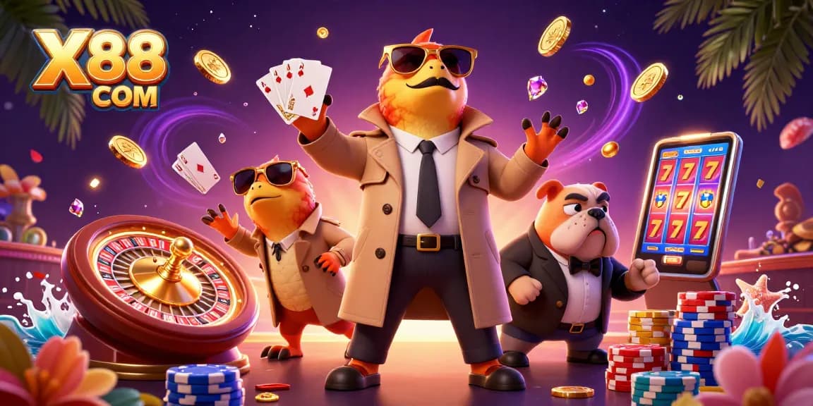Win big at X88 COM: cartoon raptors attempting to enter a VIP casino with gold coins and dynamic gaming elements.