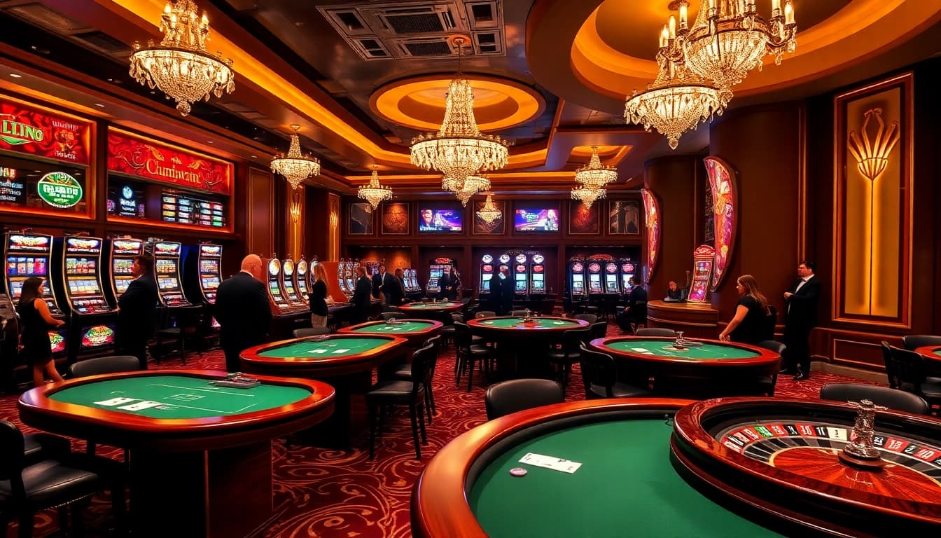 Experience excitement at Sunwin casino tables with roulette wheels and slot machines.