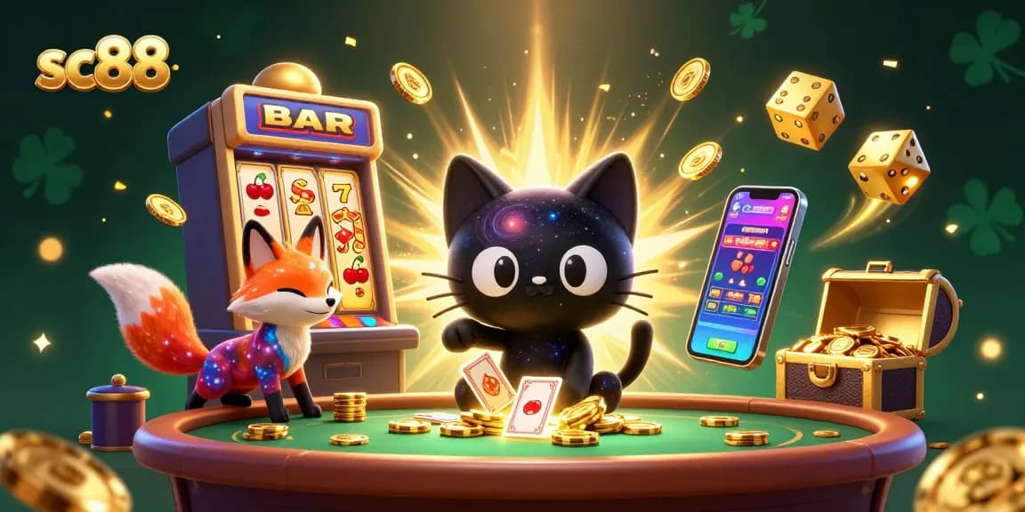 Engage with sc88 at a cosmic casino, featuring a black hole cat and vibrant nebula fox.