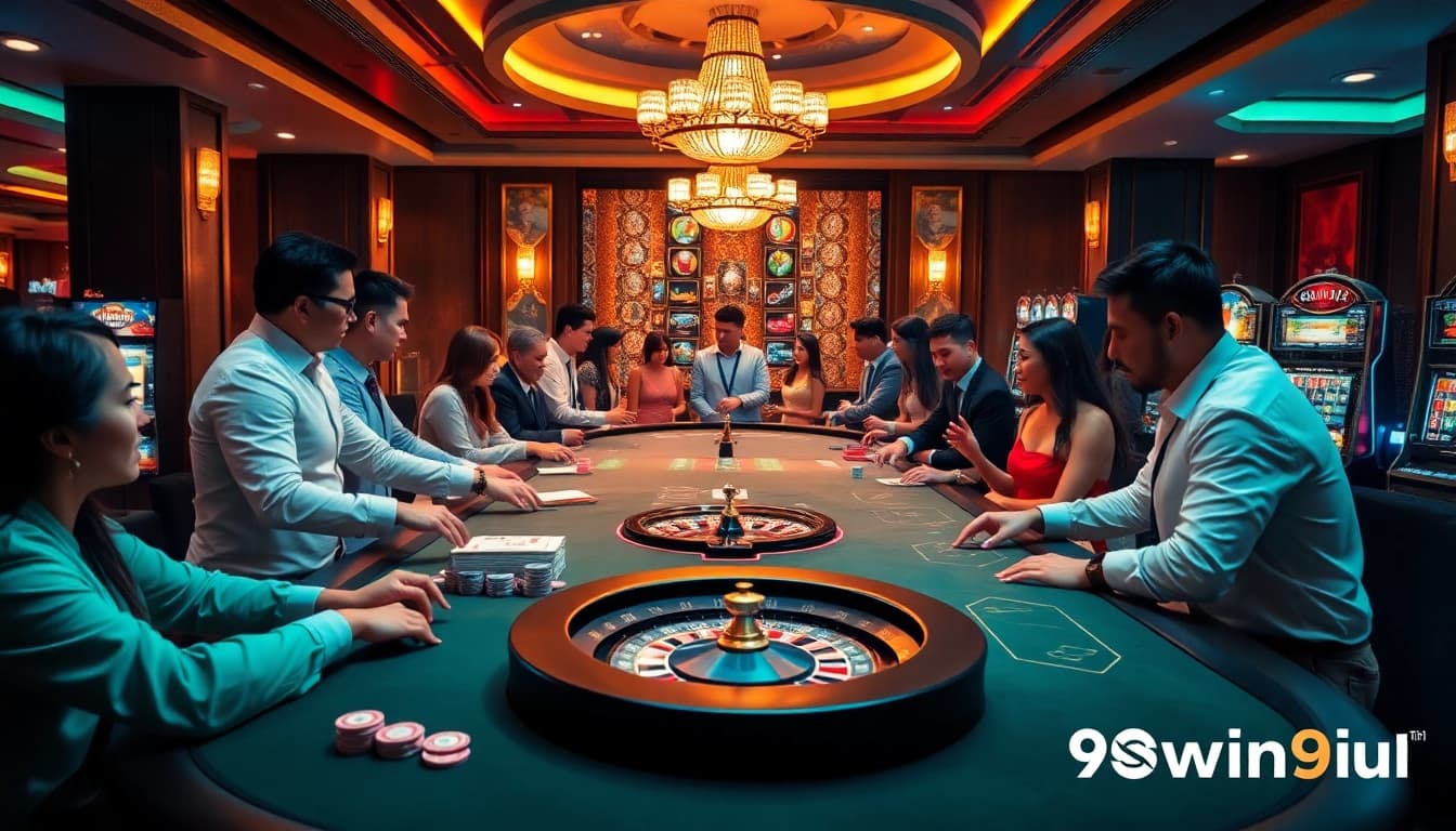 Players enjoying an exciting gaming experience at https://98win9.bid/ casino tables with vibrant poker chips.