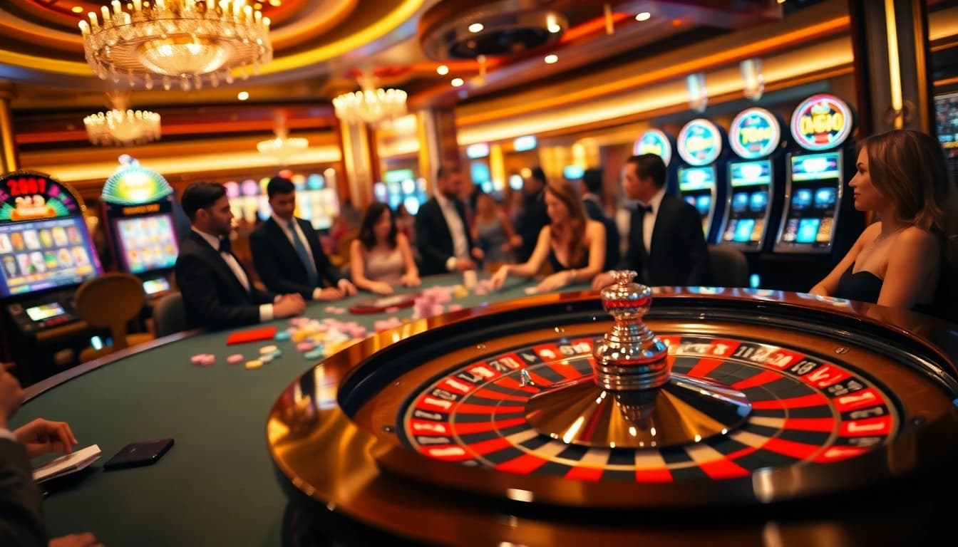Experience thrilling gameplay at https://77ball.fun/ with players at a luxurious casino roulette table.