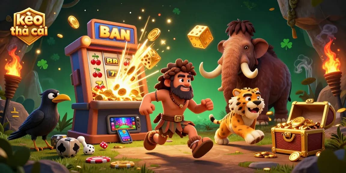 Experience the thrill of kèo nhà cái with a vibrant 3D casino scene showcasing cavemen, sabertooth tigers, and vibrant elements.