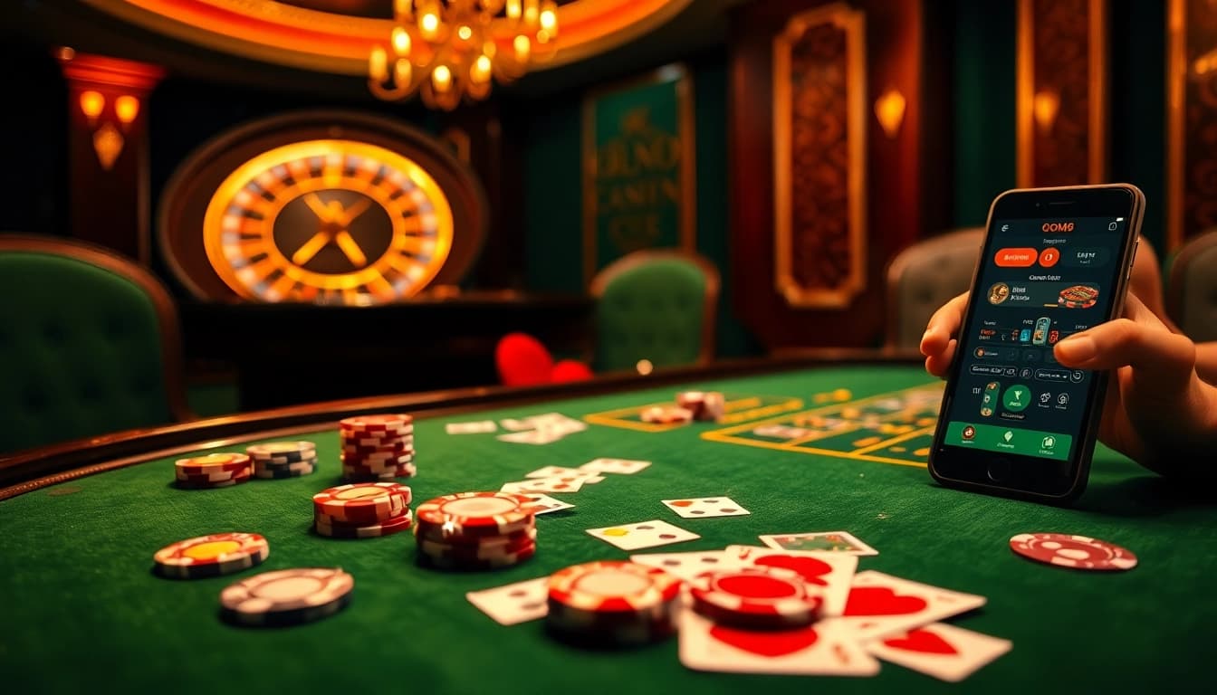 GO8 casino scene showcasing dynamic poker action and roulette excitement with vibrant chips and cards.