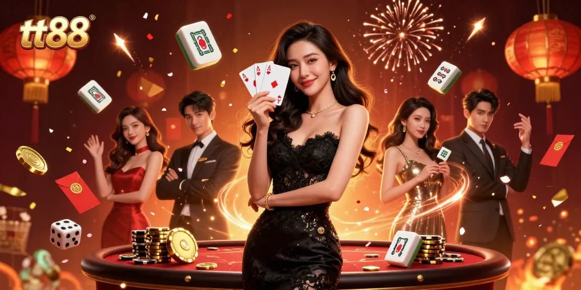 Engage in thrilling games at tt88 with an elegant Asian dealer showcasing ace cards in a luxury casino.