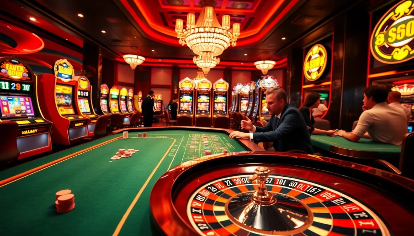 Experience the thrill of 56win as players engage in exciting casino games surrounded by vibrant colors and luxurious decor.