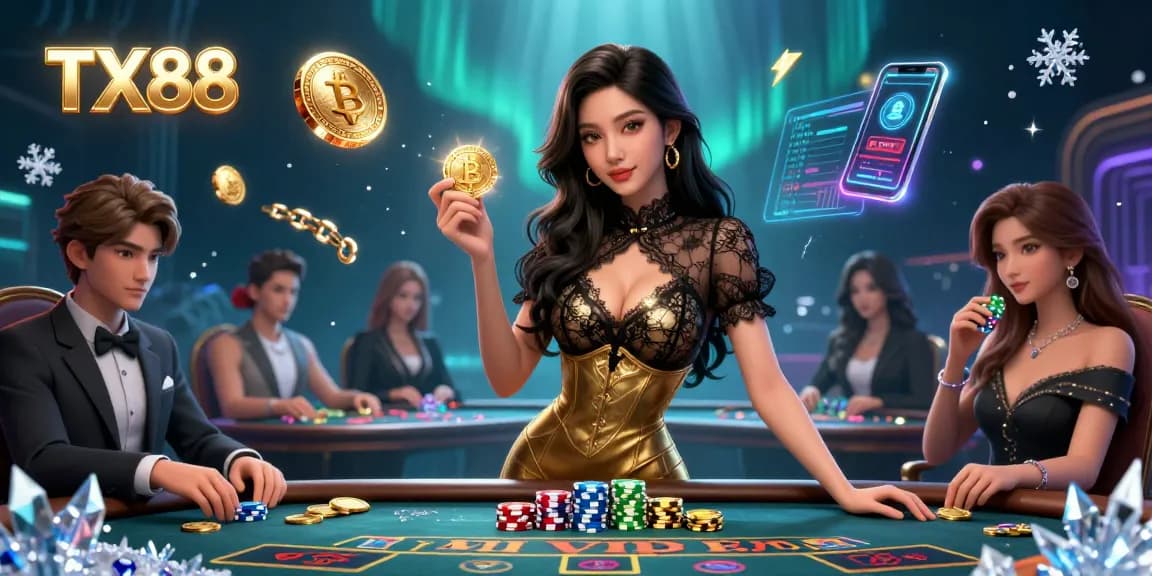 Engage with TX88 at a high-stakes VIP baccarat table, showcasing golden casino chips in a luxurious setting.