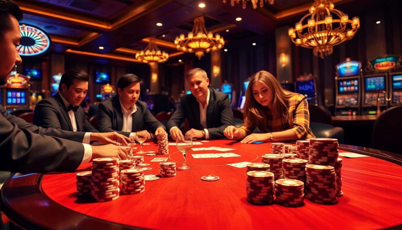 Gambling excitement at https://888vina.com/ with casino tables, chips, and players enjoying the thrill.