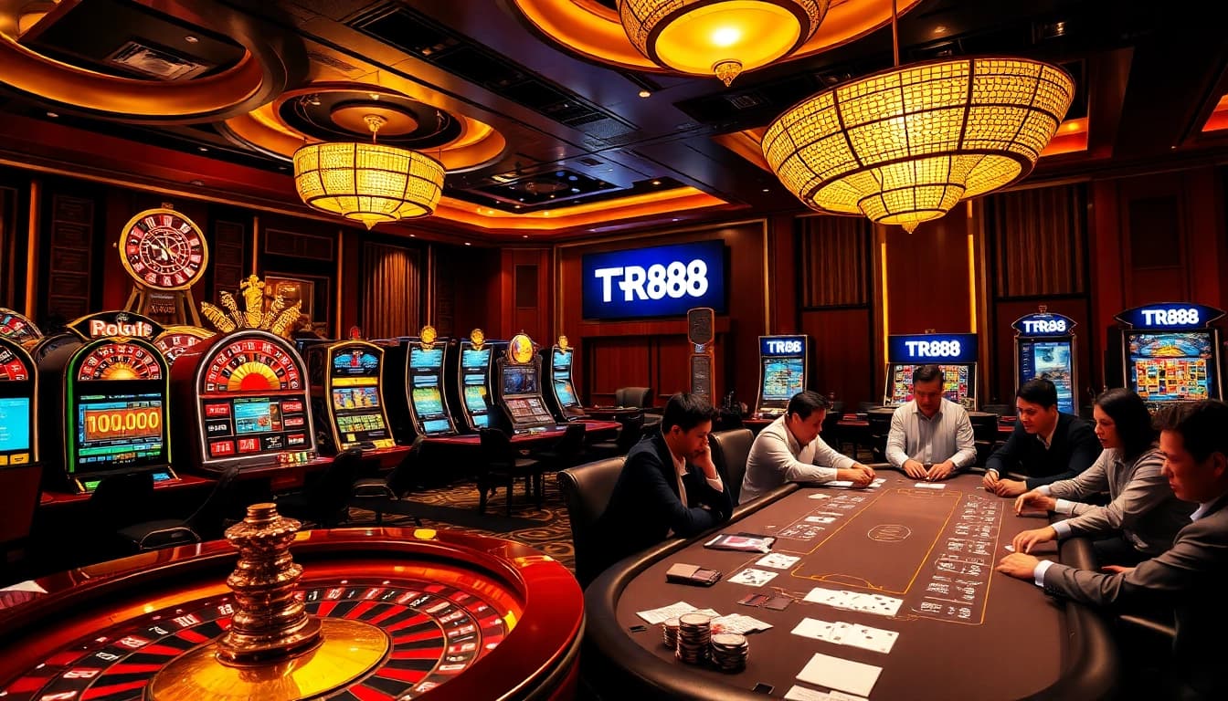 Engaging casino scene showcasing TR88 with roulette, slot machines, and players immersed in gambling.