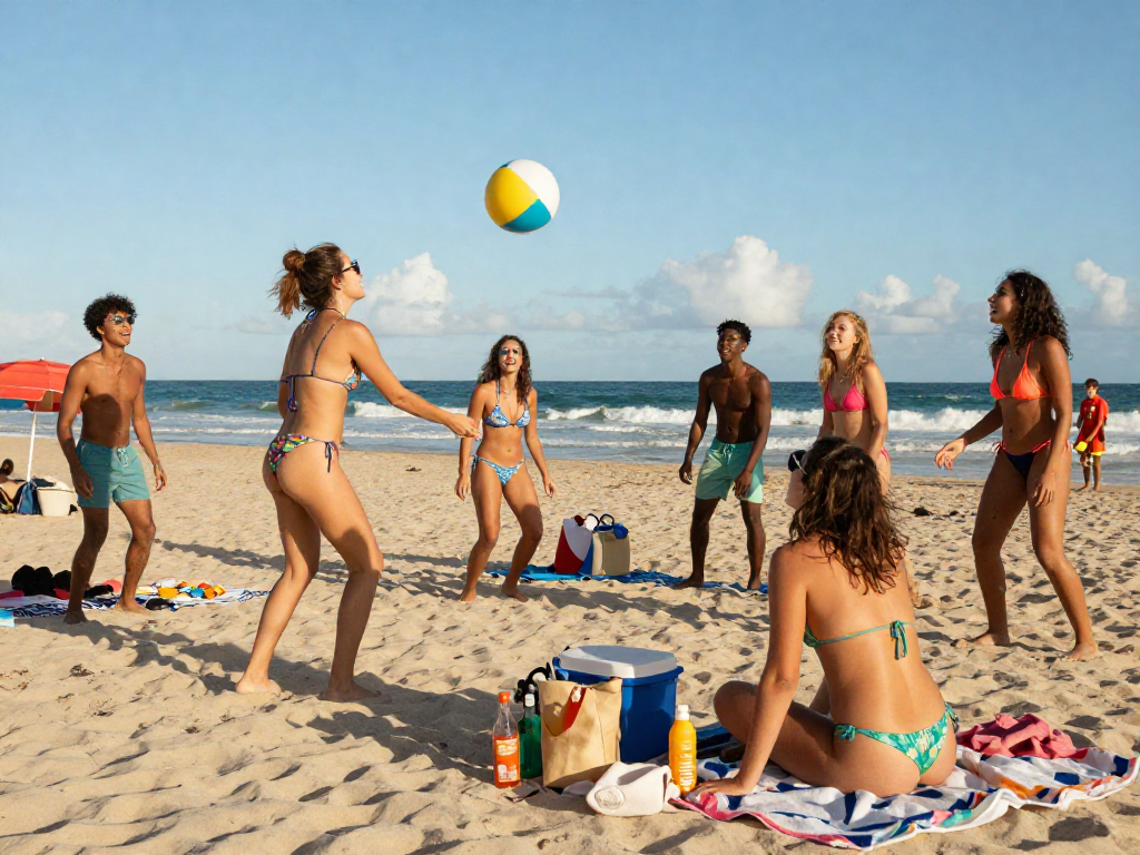 Friends enjoying a vibrant day at the beach while showcasing BIKINISLOT styles and summer fun.