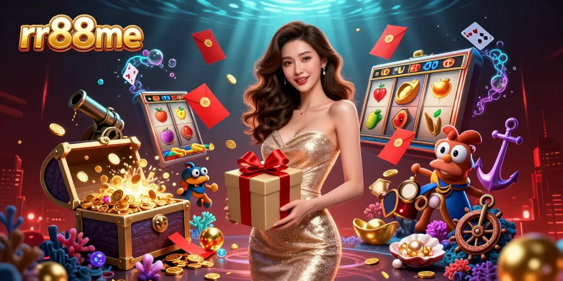 Experience the excitement of rr88me with a stunning Asian woman in a sparkling dress amidst casino treasures.