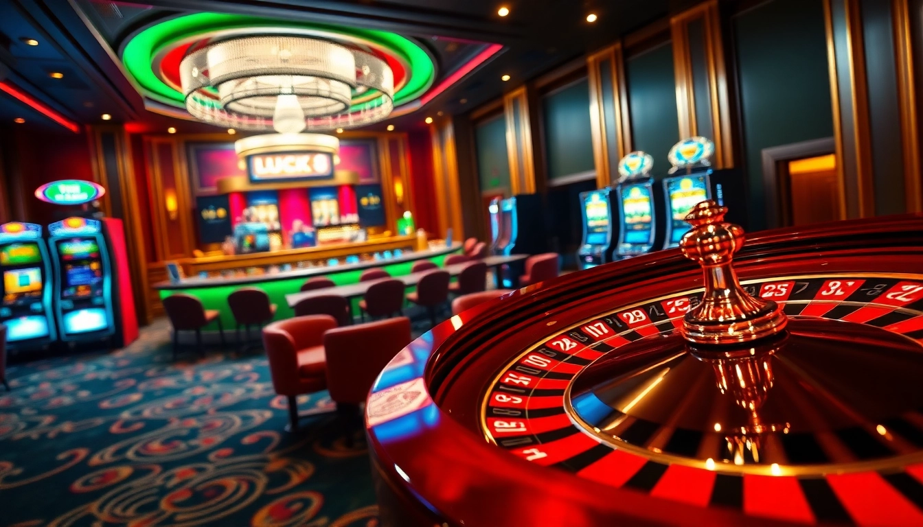 LUCK8 casino scene showcasing exciting gaming tables and vibrant slot machines in a luxurious setting.