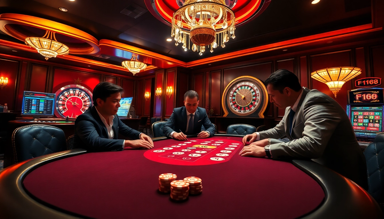 Players enjoy high-stakes poker at F168's luxurious casino, showcasing elegance and excitement.