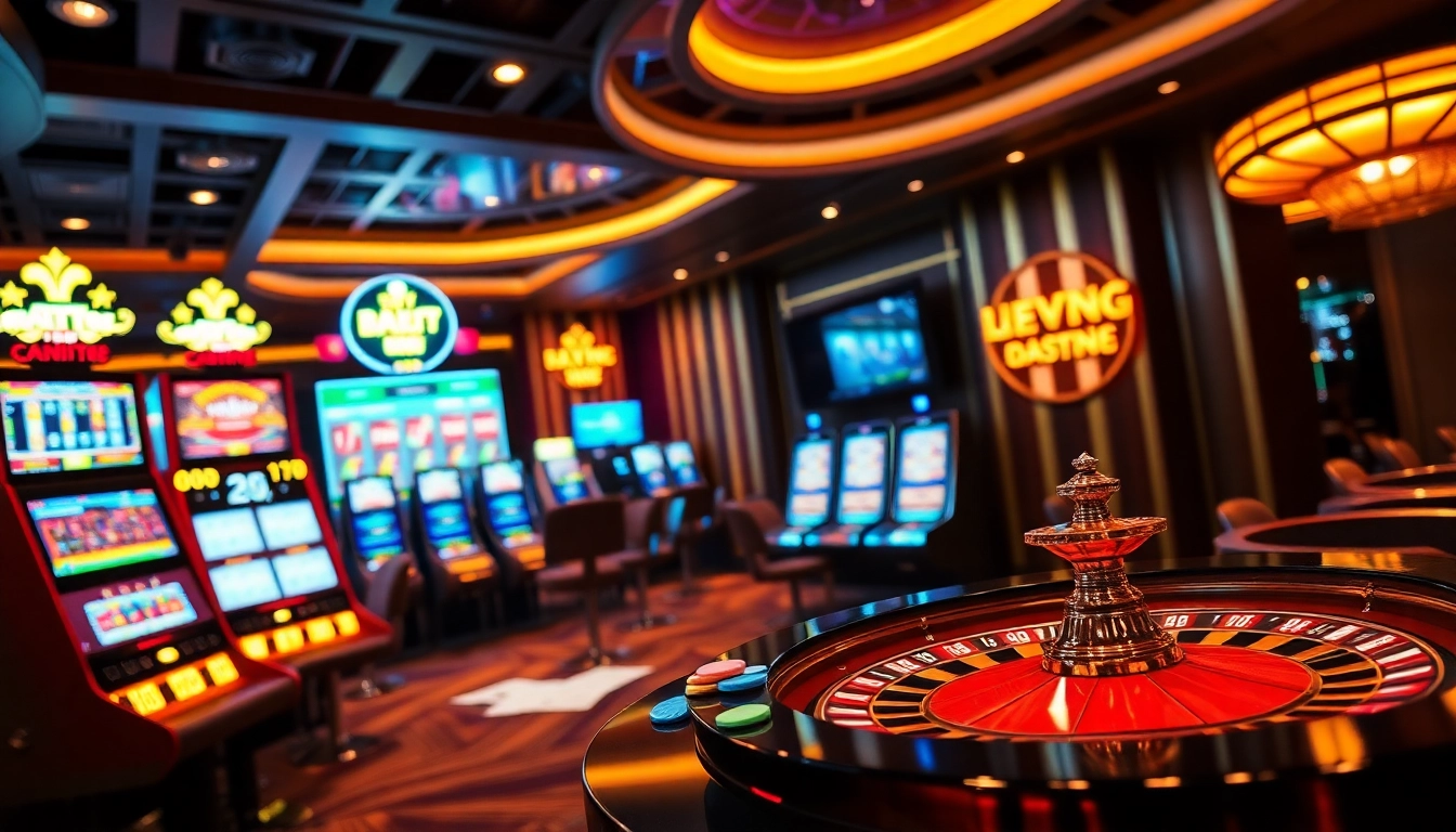 Engaging online gaming interface at https://go8.chat/ showcasing vibrant slot machines and roulette wheels.