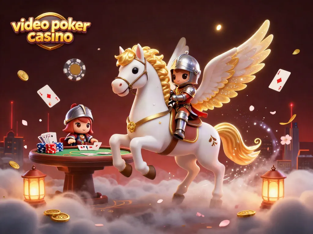 Experience the excitement of a video poker casino with a stunning 3D knight and celestial horse illustration.