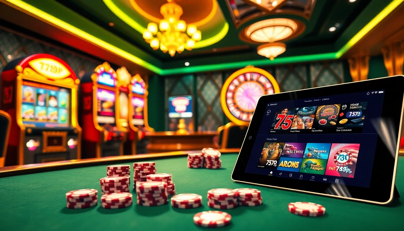 Engaging players at 789p casino as they enjoy vibrant slot machines and poker games in a luxurious setting.