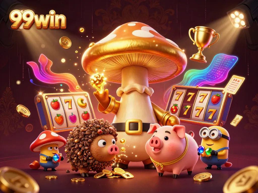 Experience vibrant fun with 99win's dynamic online slot game illustration featuring a wizard and treasure-hunting pig.