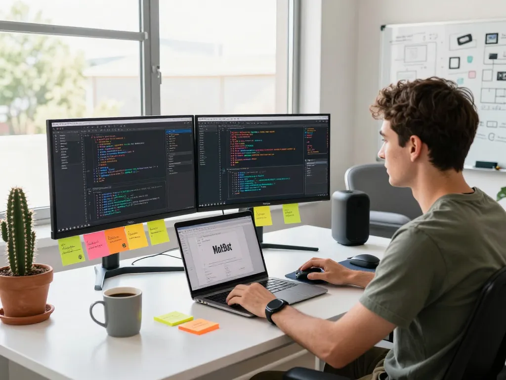 Developer using MoltBot AI in a bright, tech-inspired workspace, showcasing productivity and automation.