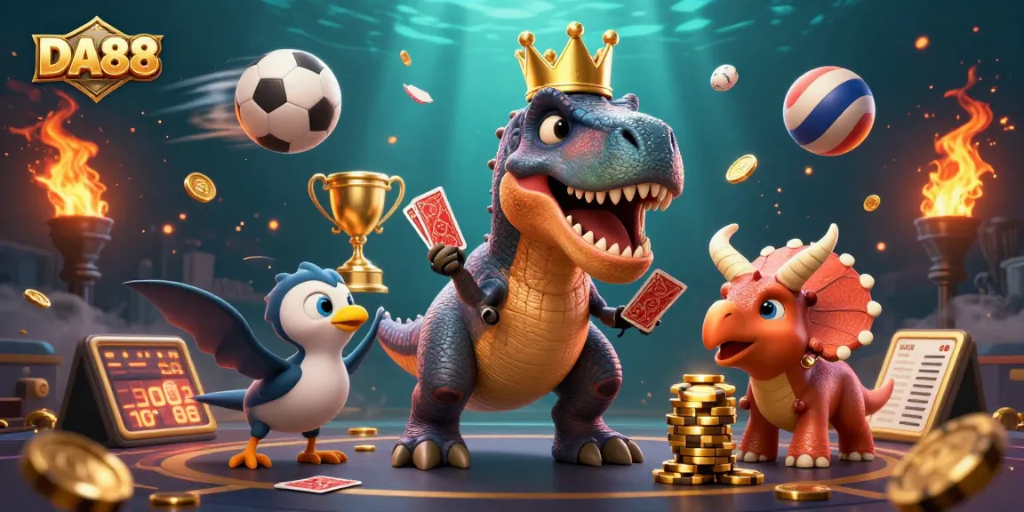 Engage in thrilling sports betting action with DA88's vibrant illustration of fun characters and dynamic elements.