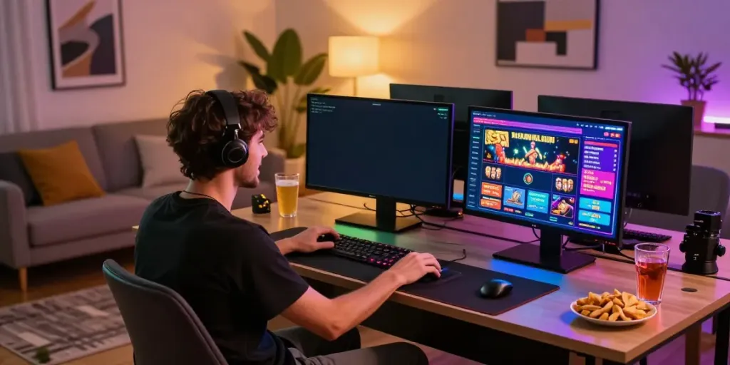 Dynamic online gaming setup showcasing non UK casinos with colorful displays and cozy ambiance.