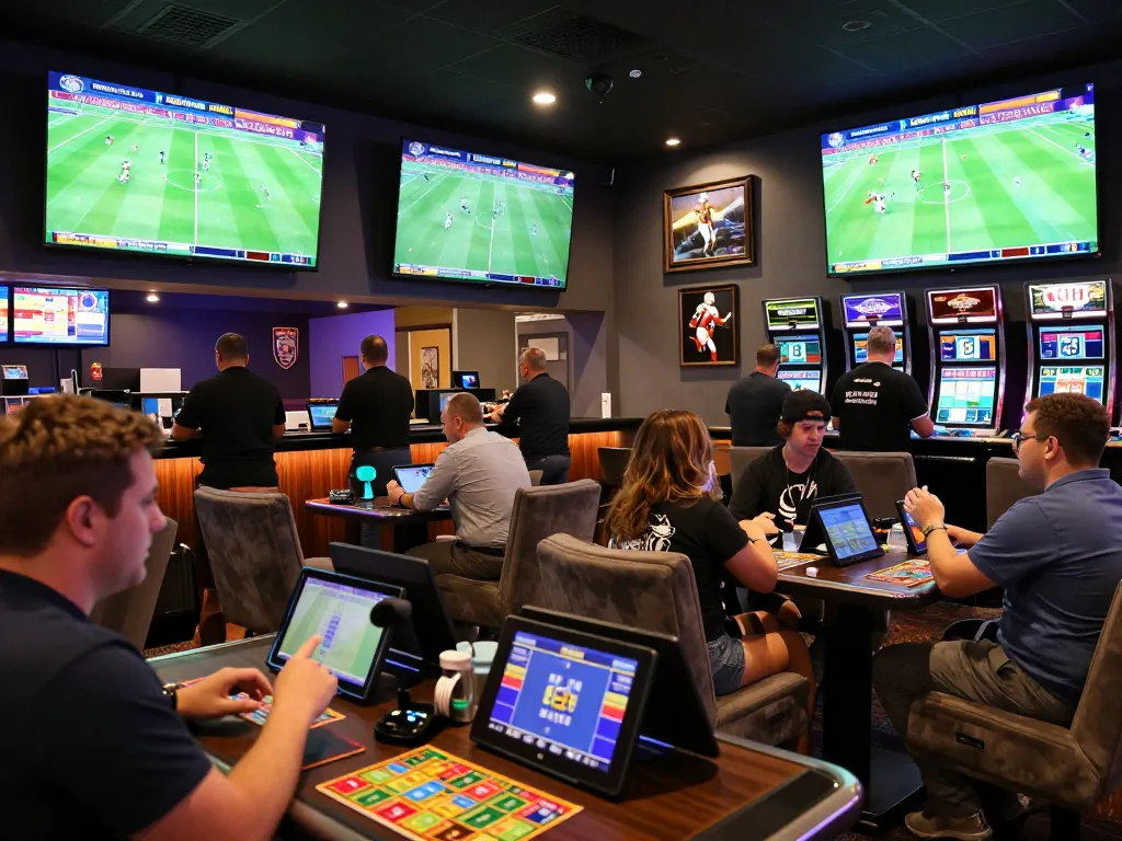 Excited bettors using the NAGABOLA platform for sports betting, screens showing live matches.
