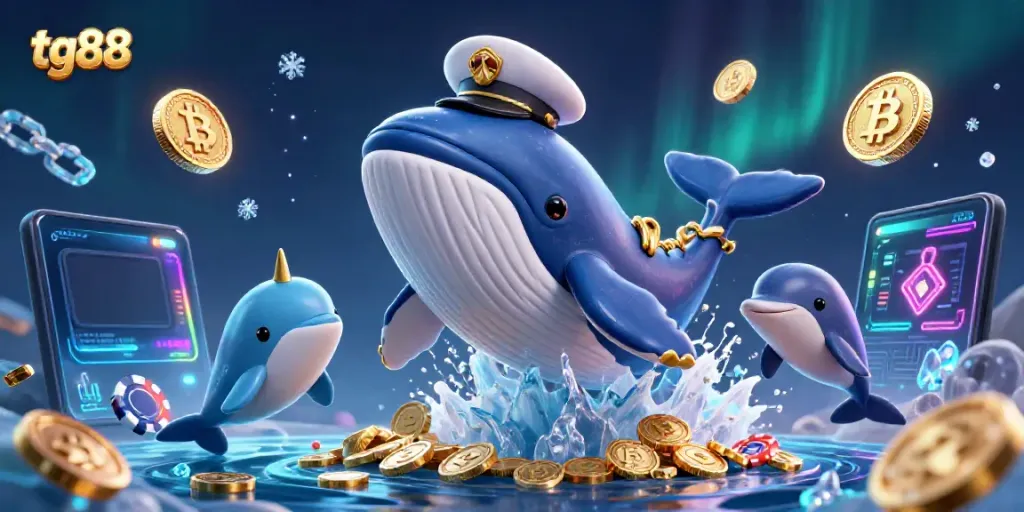 Experience tg88 gaming excitement with a whimsical whale, narwhal, and dolphins amidst vibrant coins.