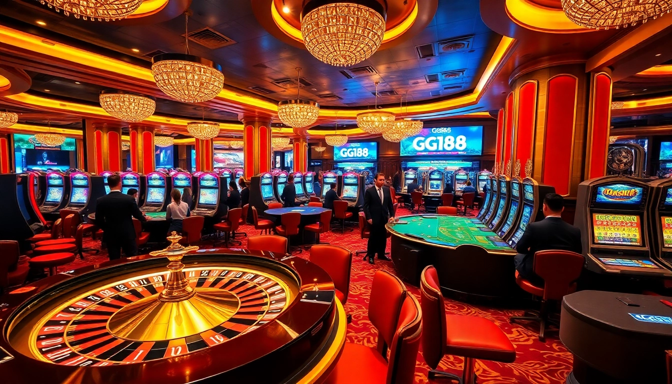 Experience the thrill of GG88 with a vibrant casino scene showcasing roulette, poker tables, and slot machines.