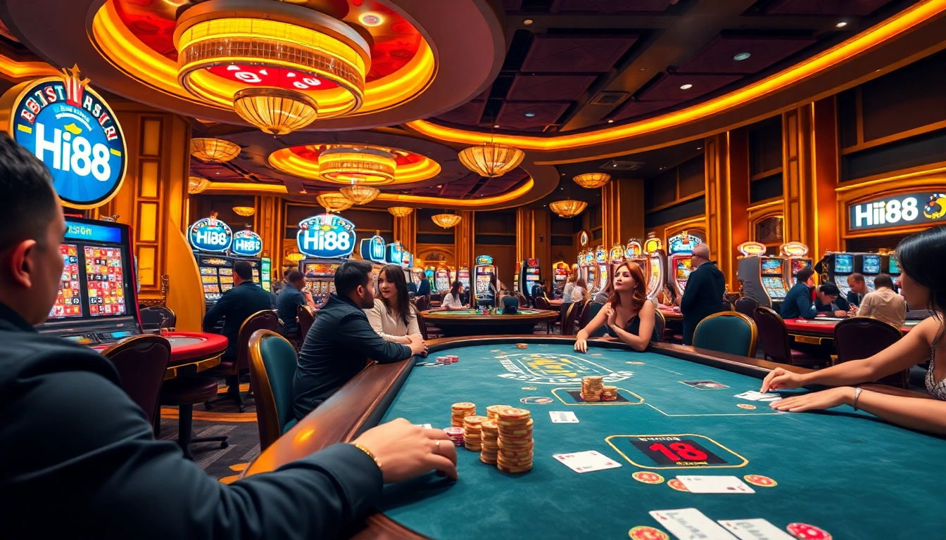 Hi88 players enjoying a thrilling casino experience at poker and roulette tables.