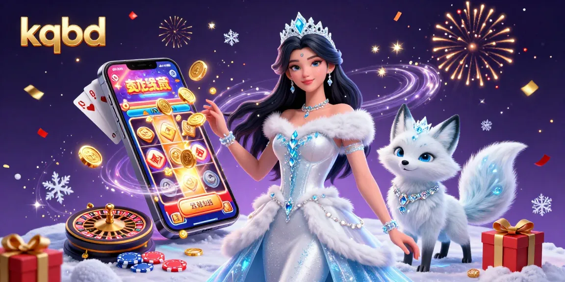 Engage with the exciting kqbd gaming world featuring a detailed 3D scene of a glamorous ice queen and her arctic fox, surrounded by casino elements.