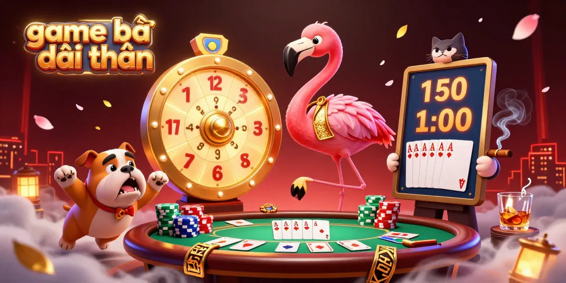 Engage with game bài đổi thưởng in this vibrant 3D illustration featuring a flamingo game show host, bulldog contestant, and poker elements.