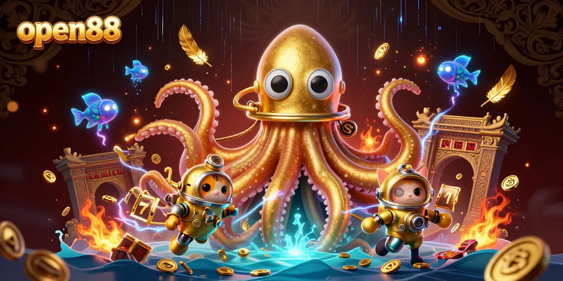 Engage with open88's thrilling treasure hunt in a lavish 3D casino scene featuring a kraken and diving cat.