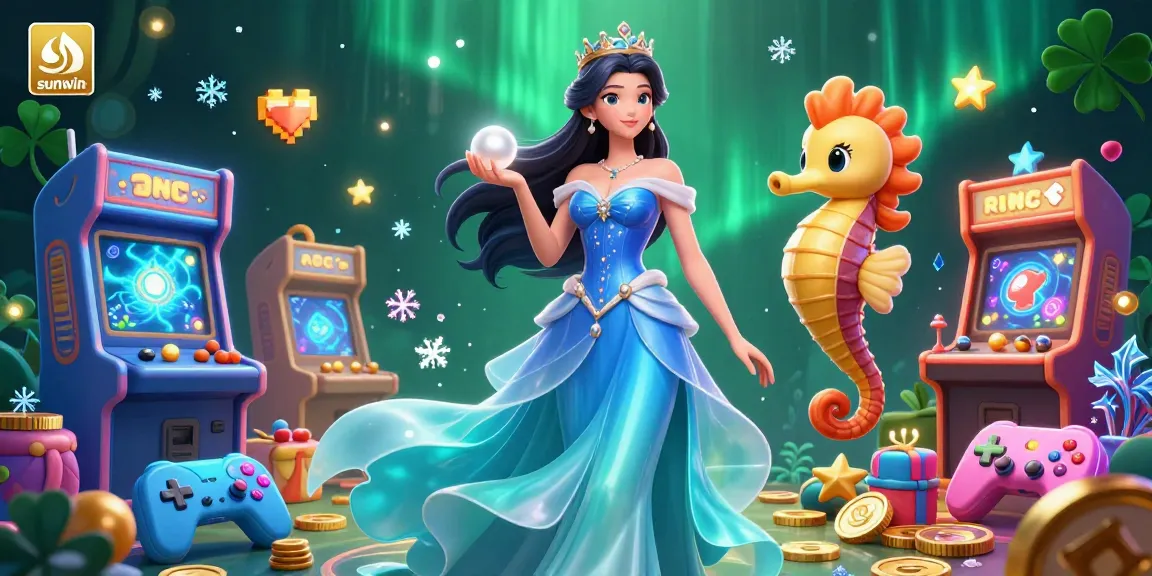 Play exciting games with sunwin, showcasing a glamorous woman, a seahorse king, and vibrant casino elements.