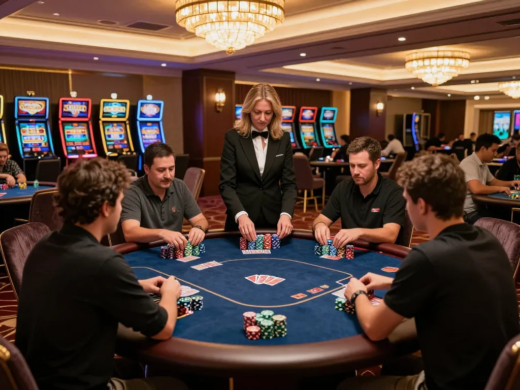 Players strategizing at WW88 poker table in a vibrant casino environment, showcasing excitement and engagement.