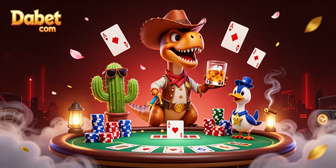 Dabet com showcases high-stakes poker with T-Rex, cactus, and roadrunner engaging in thrilling casino action.