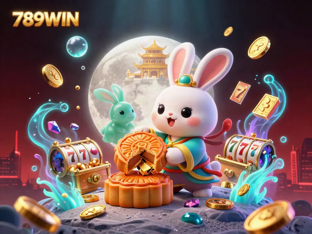 Experience 789WIN with a vibrant scene of a moon rabbit and poker chips amidst casino elements.