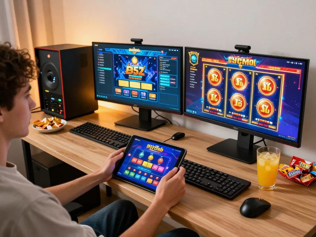 b52club player enjoying online slots on tablet in modern home setup