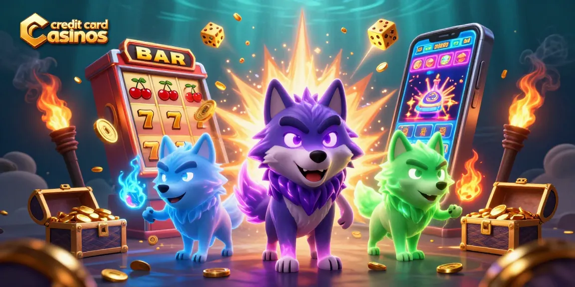 Experience thrilling action at credit card casinos with a vibrant 3D illustration of slots and wolf characters.