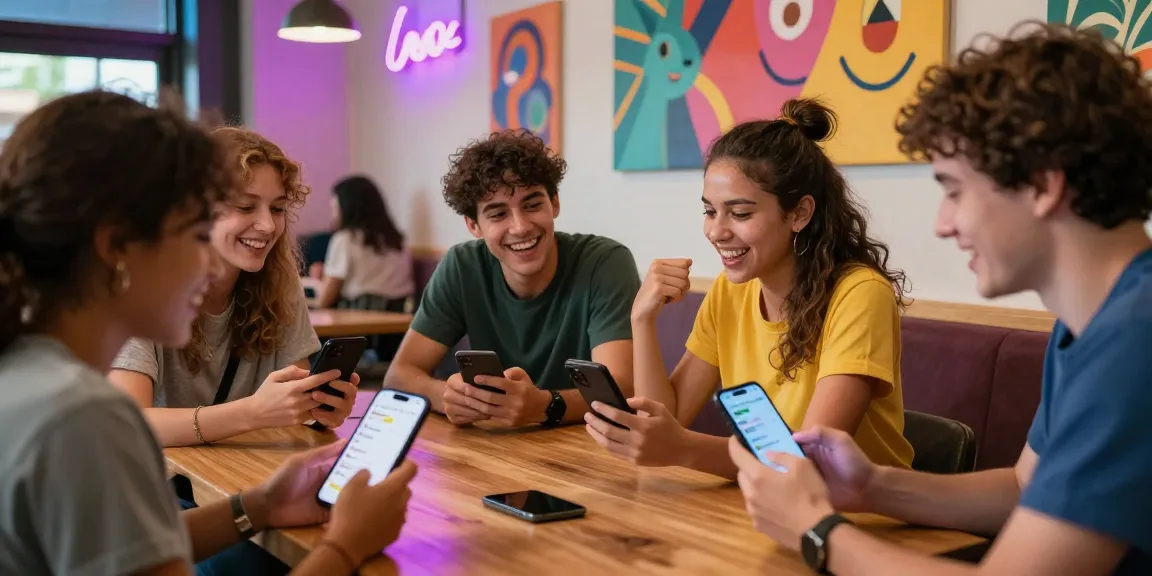Engaged friends enjoying spicy chat on smartphones in a trendy café.